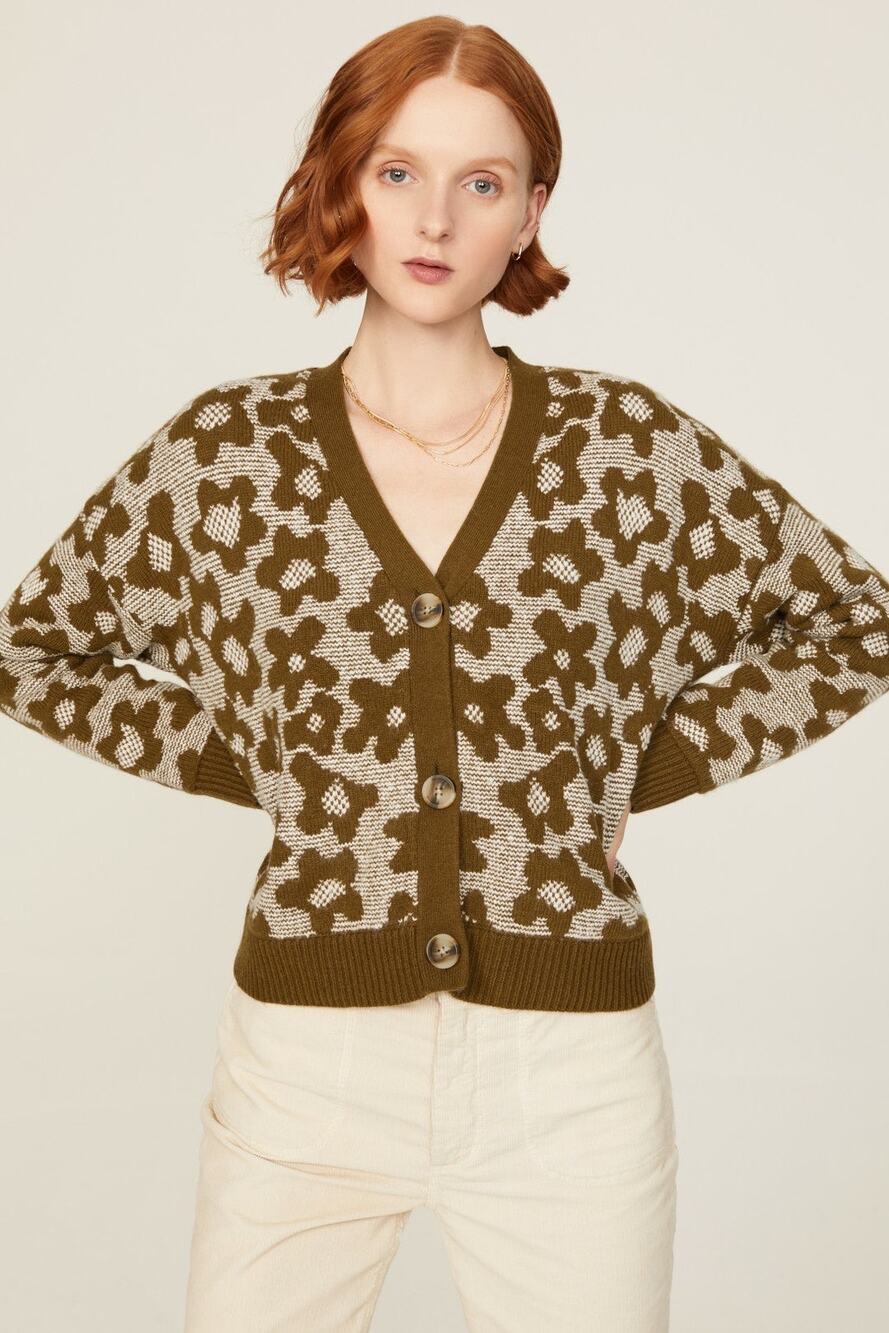 Madewell Cropped Leighton Brown Floral Knit Button Up Cardigan Sweater Size XS